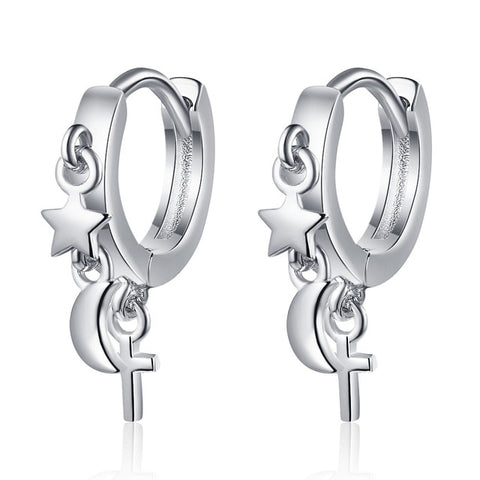 925 Sterling Silver Earrings Star Moon Cross Hoops